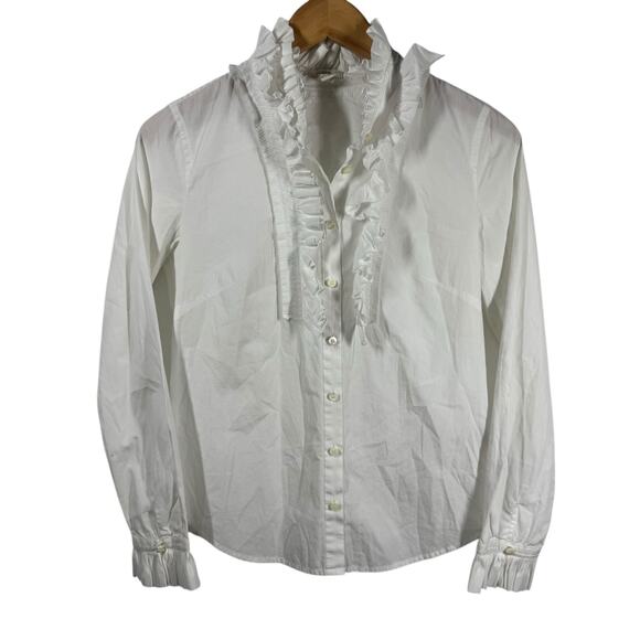 J.Crew Top Women 0 White Ruffle Trim Button-Up Long Sleeve Old Money Career - Picture 1 of 7